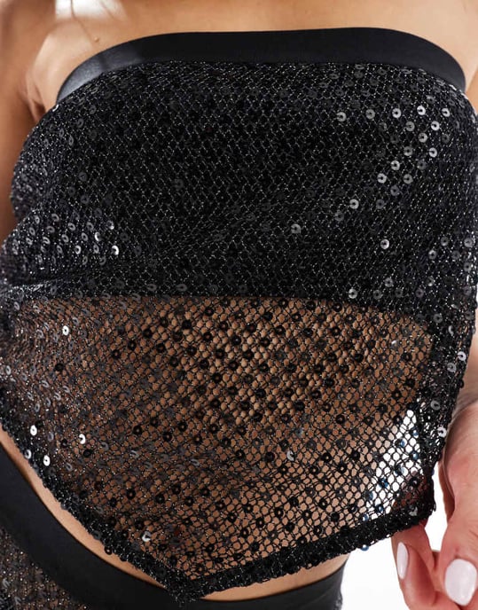 ASOS DESIGN koord sequin nät bandeau scarf kant topp i svart - Image 2