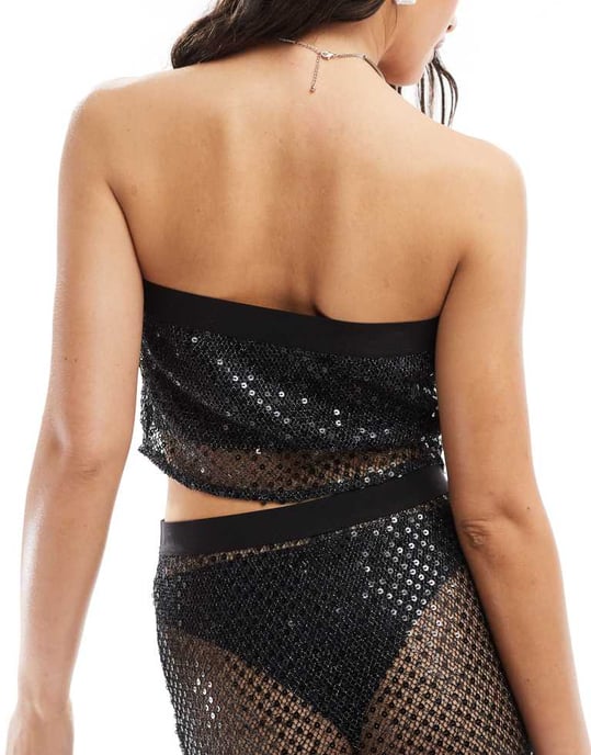 ASOS DESIGN koord sequin nät bandeau scarf kant topp i svart - Image 4