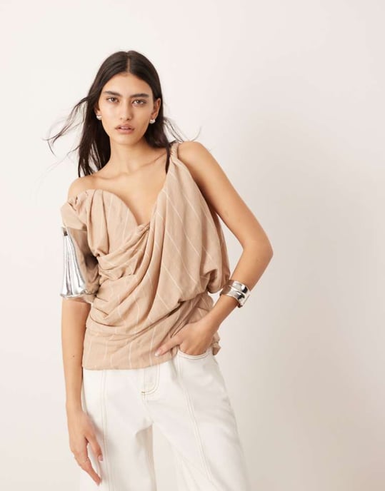 ASOS EDITION draperad struktur off shoulder korsett topp i stenskärmsprint - Image 1