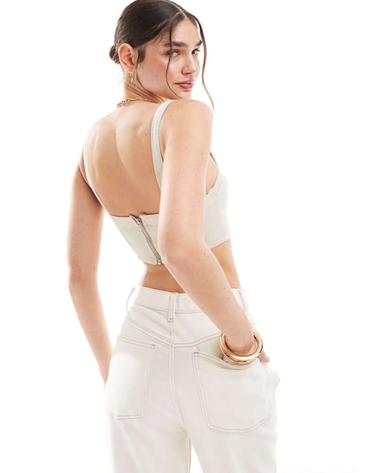 Miss Selfridge denimkorsett bralette topp i sten - Image 3