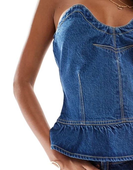 In The Style denim sweetheart bandeau peplum korsett topp i mörkblå - Image 4