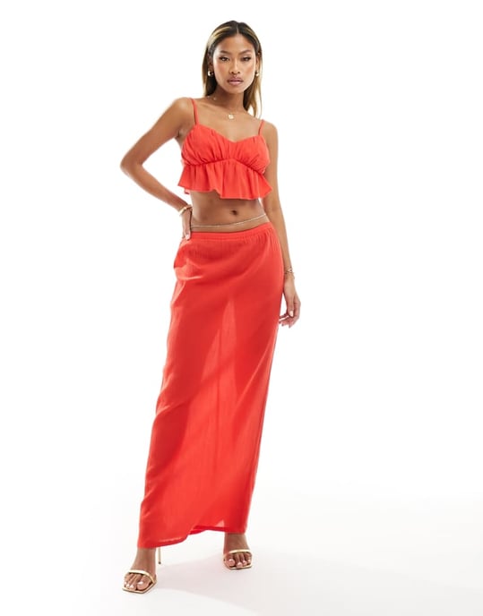 Kaiia exklusiv texturerad rynkad crop top i röd - Image 3
