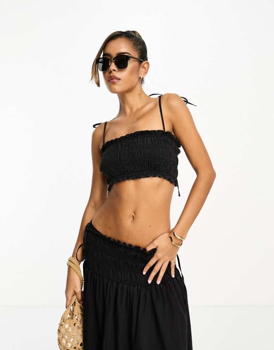 ASOS DESIGN mjuk denim top med rynk i tvättad svart koord - Image 1