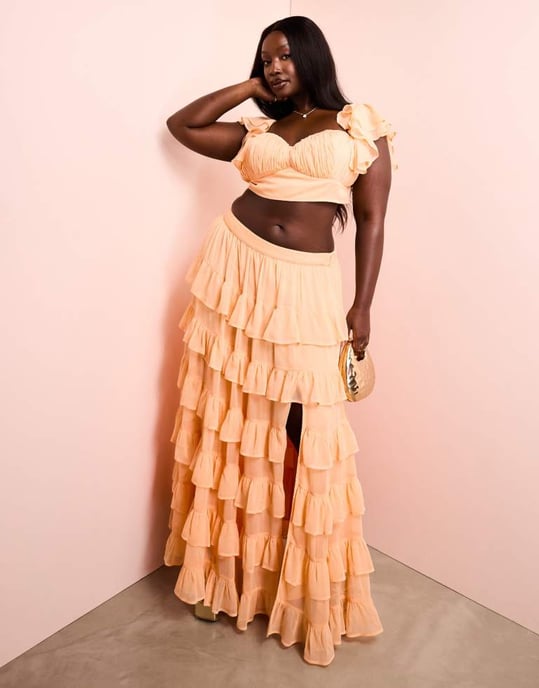 ASOS LUXE Curve koord strand rynkad bralet med lager av genomskinliga ärmar i aprikos - Image 3