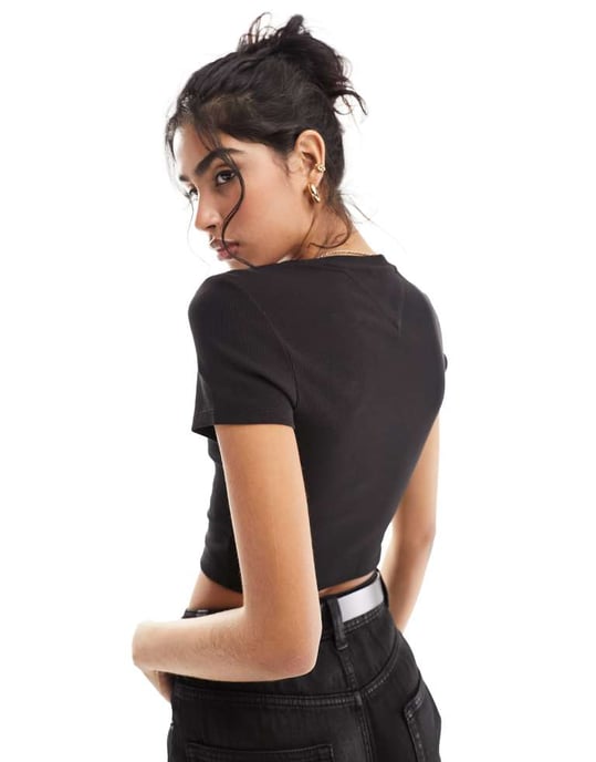 Tommy Jeans slim cropped script t-shirt in black - Image 4