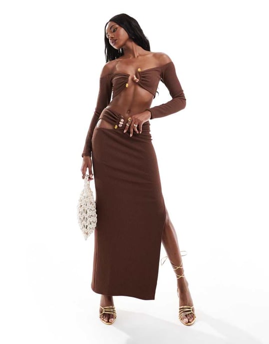 ASOS DESIGN co-ord trimdetalj bardot croppad topp i choklad - Image 2