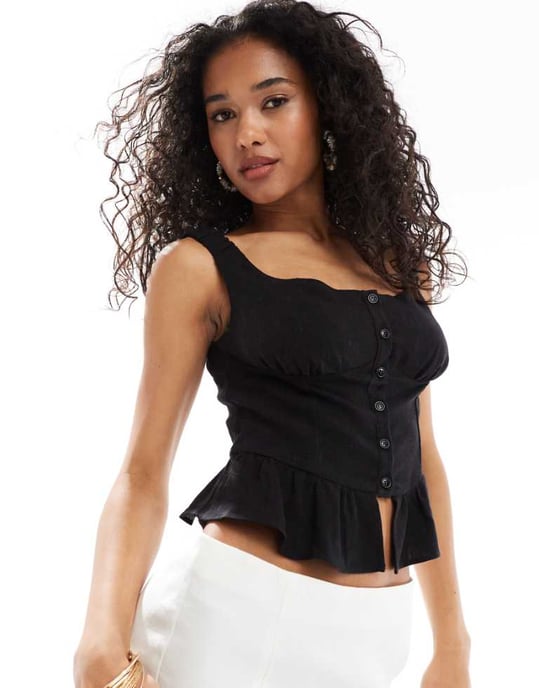 ASOS DESIGN knäppframsluten linne-look corset topp i svart - Image 1