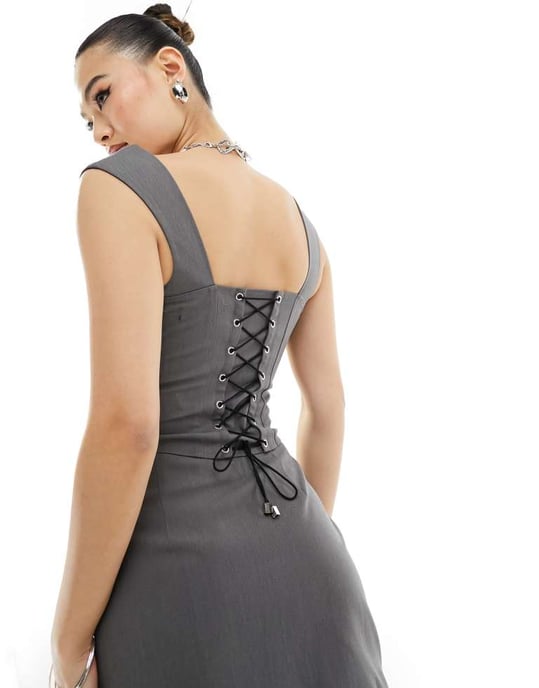 Kaiia exklusiv skräddarsydd fyrkantig halsringning corset med ryggdetalj topp co-ord i kolgrå - Image 3