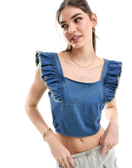 Miss Selfridge jeanskorsett med frill-detaljer i indigo tvätt - Image 1