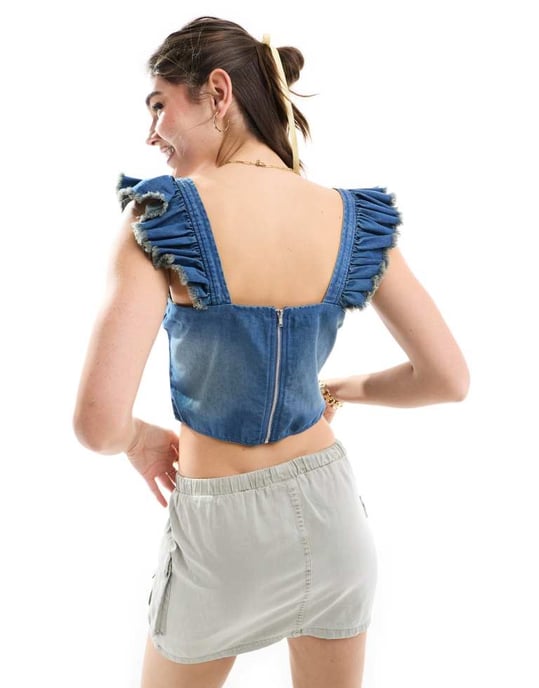 Miss Selfridge jeanskorsett med frill-detaljer i indigo tvätt - Image 4