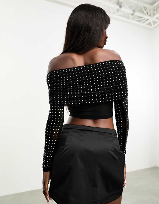 ASOS DESIGN hotfix off shoulder long sleeve top in black - Image 2