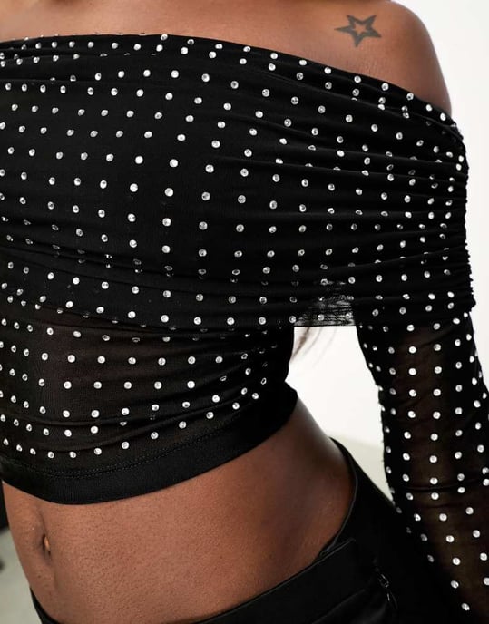 ASOS DESIGN hotfix off shoulder long sleeve top in black - Image 3