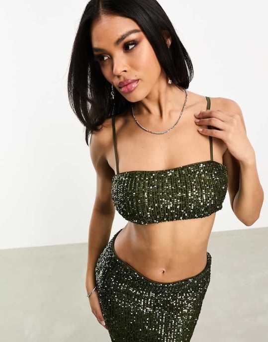 ASOS DESIGN co-ord sequin strappy bandeau top in green - Image 1