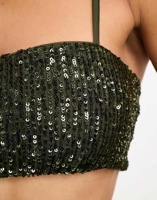 ASOS DESIGN co-ord sequin strappy bandeau top in green - Image 2