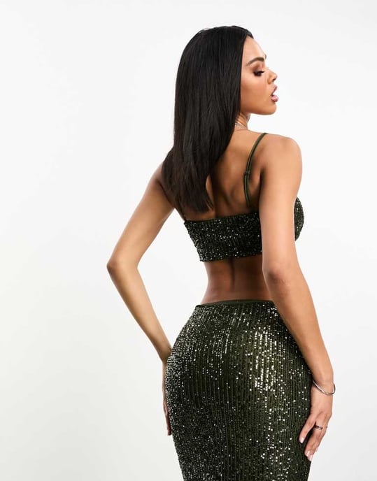ASOS DESIGN co-ord sequin strappy bandeau top in green - Image 4