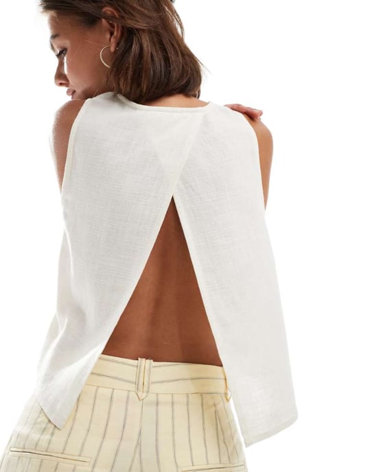 ASOS DESIGN topp med öppen rygg i linnelook i elfenben - Image 4