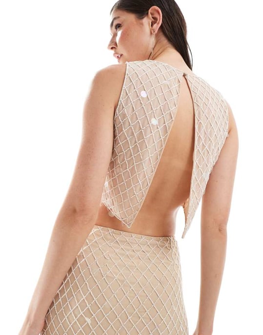 ASOS DESIGN premium utsmyckad rutmönstrad tank co-ord i krämfärg - Image 3