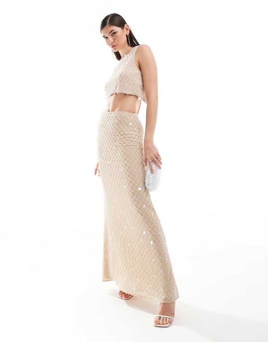 ASOS DESIGN premium utsmyckad rutmönstrad tank co-ord i krämfärg - Image 4