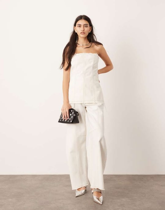 ASOS EDITION denim sömnadsdetalj bandeau topp co-ord med rå kant i ecru - Image 2