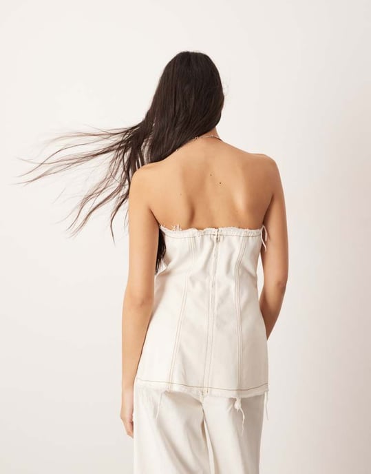 ASOS EDITION denim sömnadsdetalj bandeau topp co-ord med rå kant i ecru - Image 3