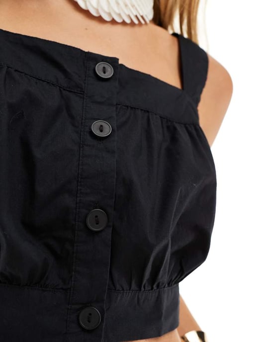 Vero Moda Aware bomullsknäppad kort topp i svart - Image 3