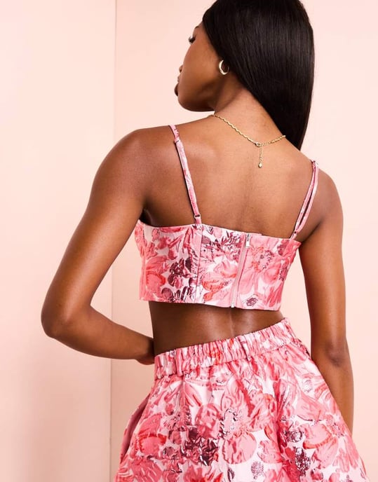 ASOS LUXE koord jacquard-bustier i rosa blommönster - Image 4