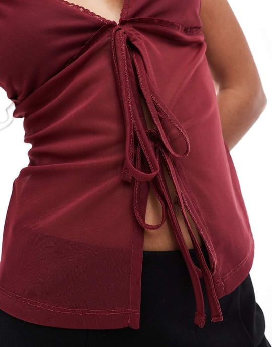 ASOS DESIGN mesh linne med spetsdetalj i burgunderröd - Image 4
