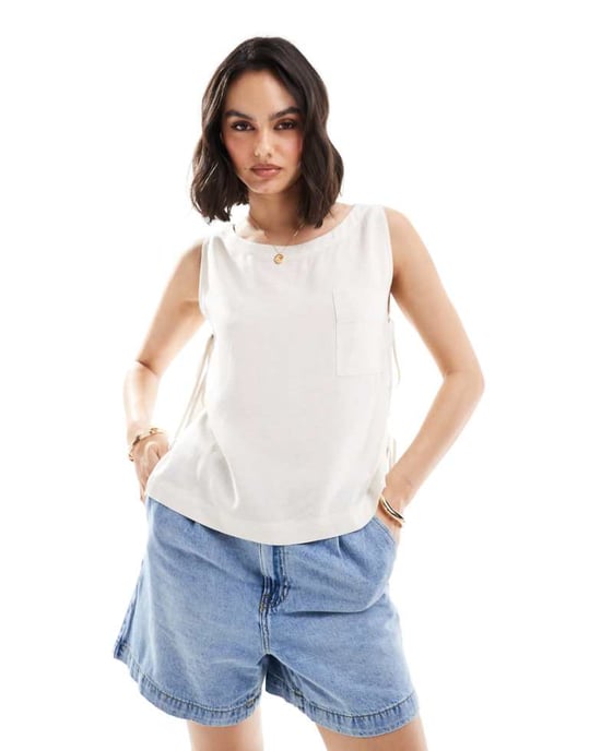 ASOS DESIGN linne ärmlös topp med knyt detaljer i naturfärg - Image 1