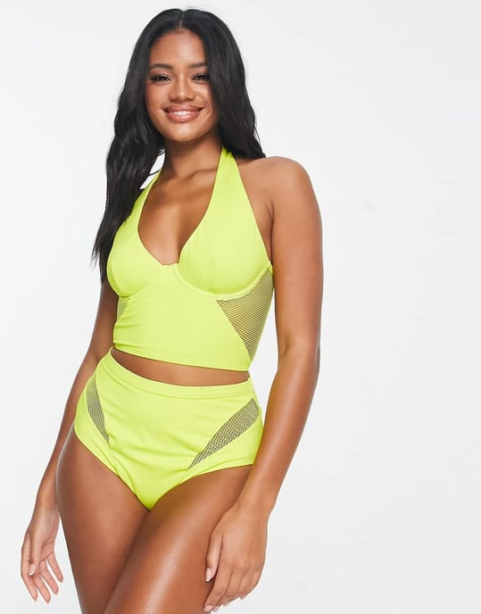 We Are We Wear högmidjad bikiniunderdel med nätinsatser i chartreuse - Image 3