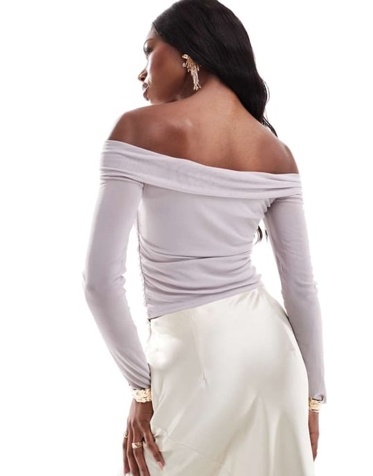 ASOS DESIGN bardot mesh-topp med dekorativt band i grått - Image 4