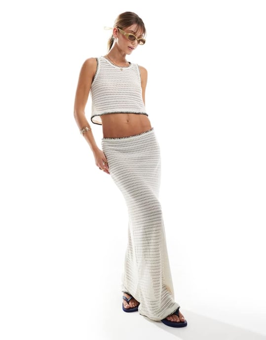 Vero Moda virkad kort topp med whipstitch-detalj i krämfärg - Image 3