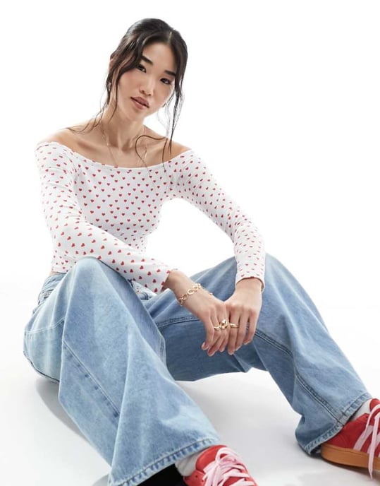 ASOS DESIGN hjärttryck bardot topp i elfenben - Image 1