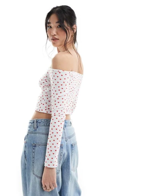 ASOS DESIGN hjärttryck bardot topp i elfenben - Image 3