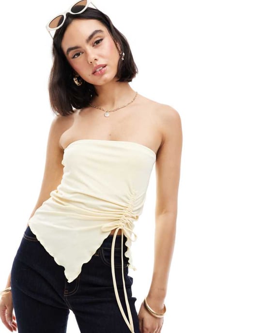 ASOS DESIGN veckad bandeau-topp i mjuk gul - Image 1