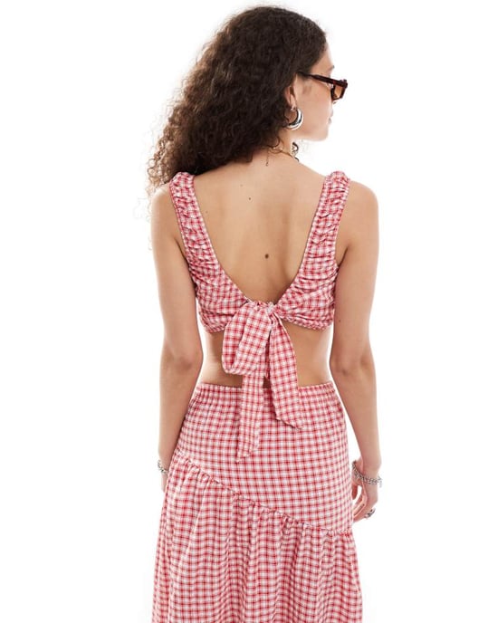 Återvunnen vintage knyt-top koord i röd gingham - Image 2