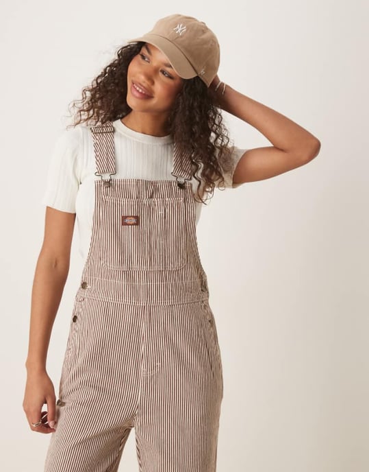 Dickies classic hickory stripe denim dungarees in cappuccino brown - Image 1
