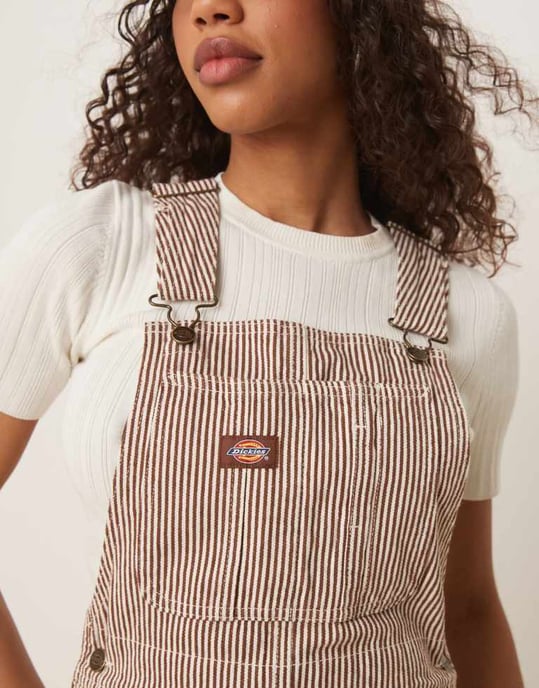 Dickies classic hickory stripe denim dungarees in cappuccino brown - Image 3
