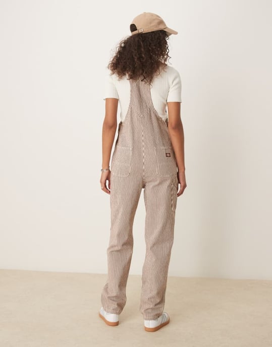Dickies classic hickory stripe denim dungarees in cappuccino brown - Image 4