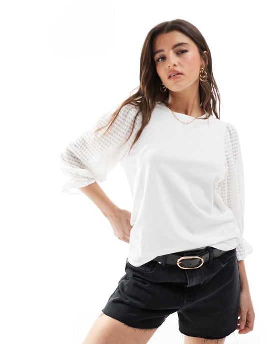 Object t-shirt with sheer textured sleeve in white - Image 1