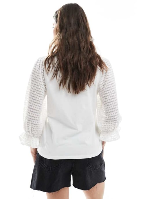 Object t-shirt with sheer textured sleeve in white - Image 4