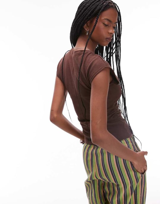 Topshop cinch waist top in chocolate brown - Image 3