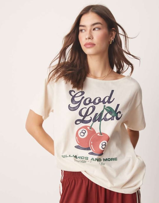 Hollister slash neck t-shirt with lucky cherry print in beige - Image 1
