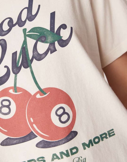 Hollister slash neck t-shirt with lucky cherry print in beige - Image 3