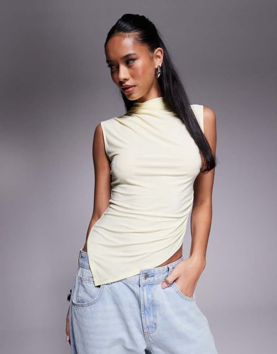 ASOS DESIGN grown on high neck gathered asymmetrical hem top in buttermilk yellow - YELLOW - Image 1