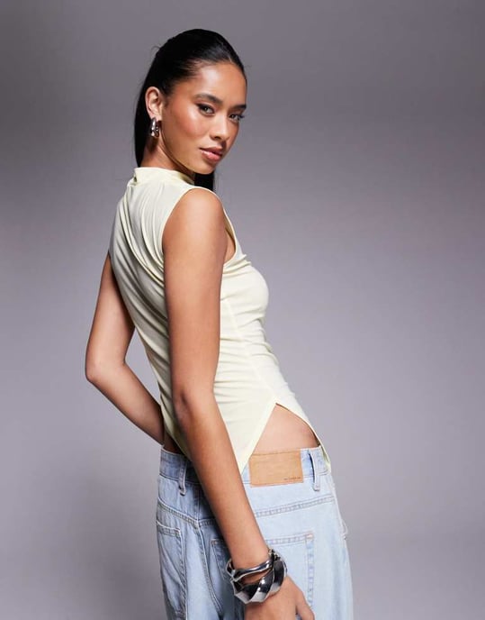 ASOS DESIGN grown on high neck gathered asymmetrical hem top in buttermilk yellow - YELLOW - Image 2
