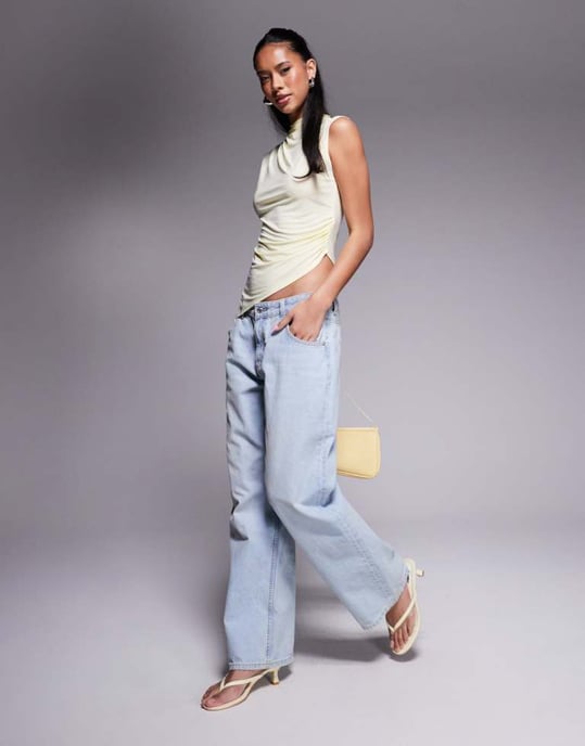 ASOS DESIGN grown on high neck gathered asymmetrical hem top in buttermilk yellow - YELLOW - Image 4