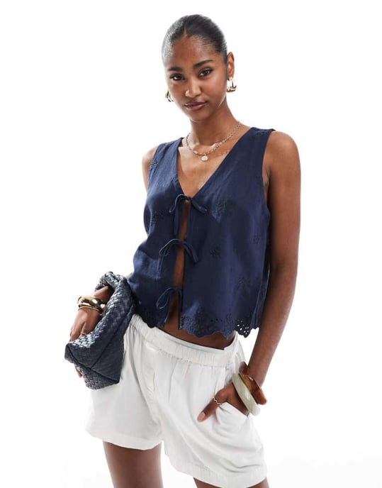 Hollister tie front linen top in navy blue - Image 1