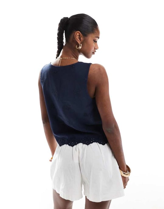 Hollister tie front linen top in navy blue - Image 3