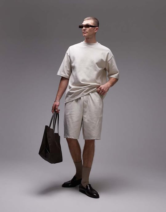 Topman oversized fit linen blend short in stone - Image 1