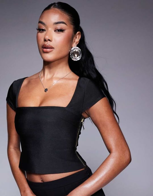 ASOS DESIGN bandage cap sleeve square neck top in black - Image 1